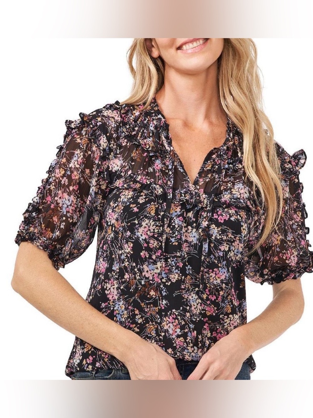 Cece Large Floral Ruffle Tie-Neck Blouse - Black/Pink